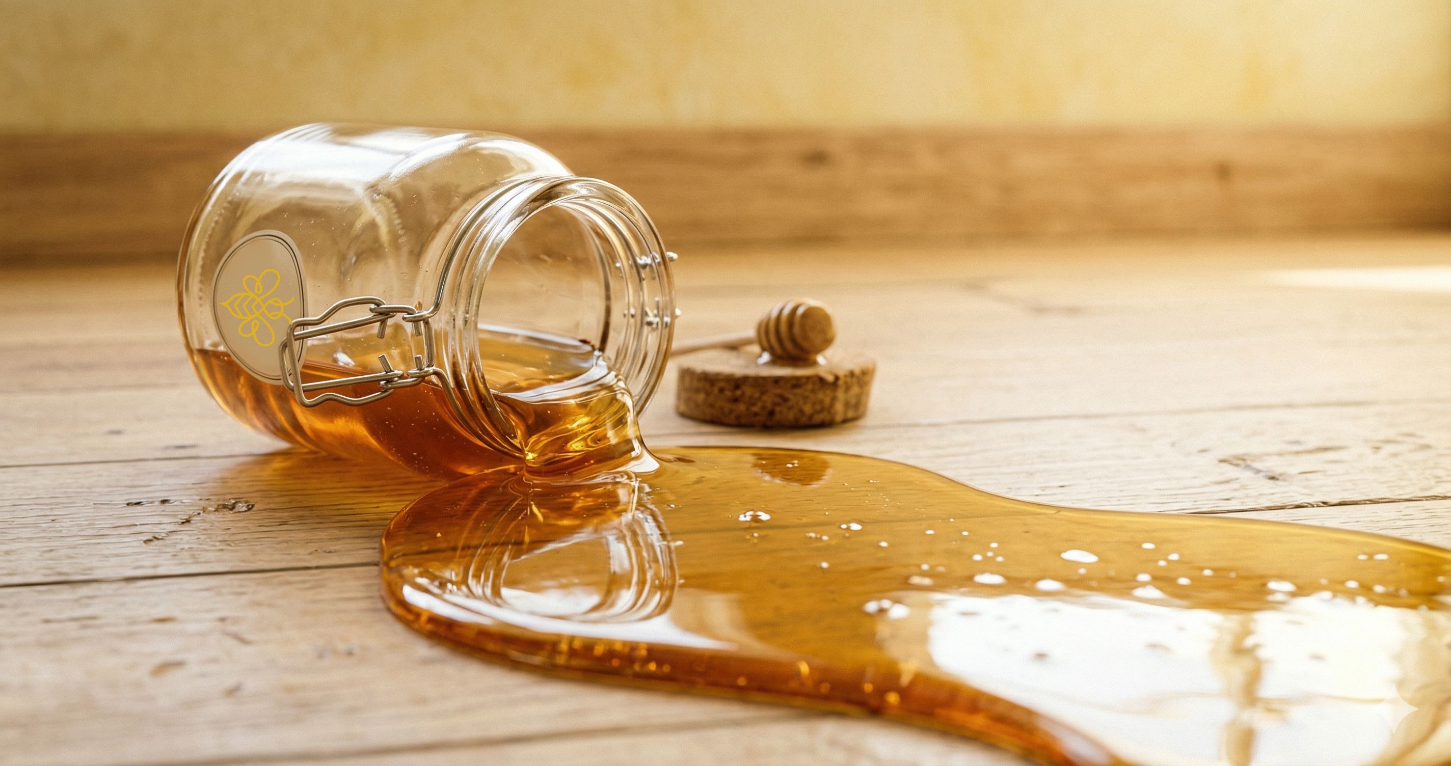 Jar made of glass spreading honey all over the floor.